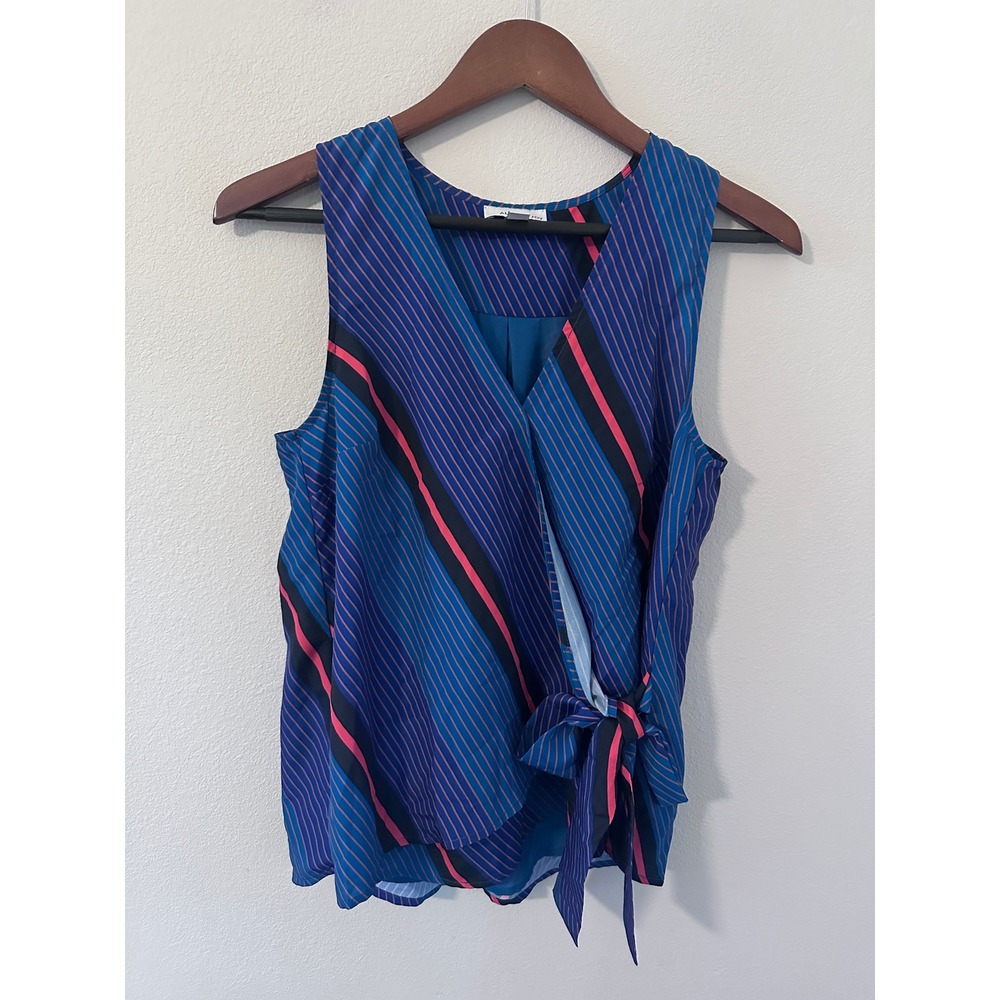 Allison Joy Wrap Top Size S Blue Pink Striped Sleeveless V-Neck Side Tie Blouse
